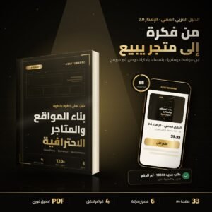 كتاب الدليل العملي لبناء المواقع والمتاجر الاحترافية الإصدار 2.0 بجانب جوال يعرض صفحة شراء ناجحة